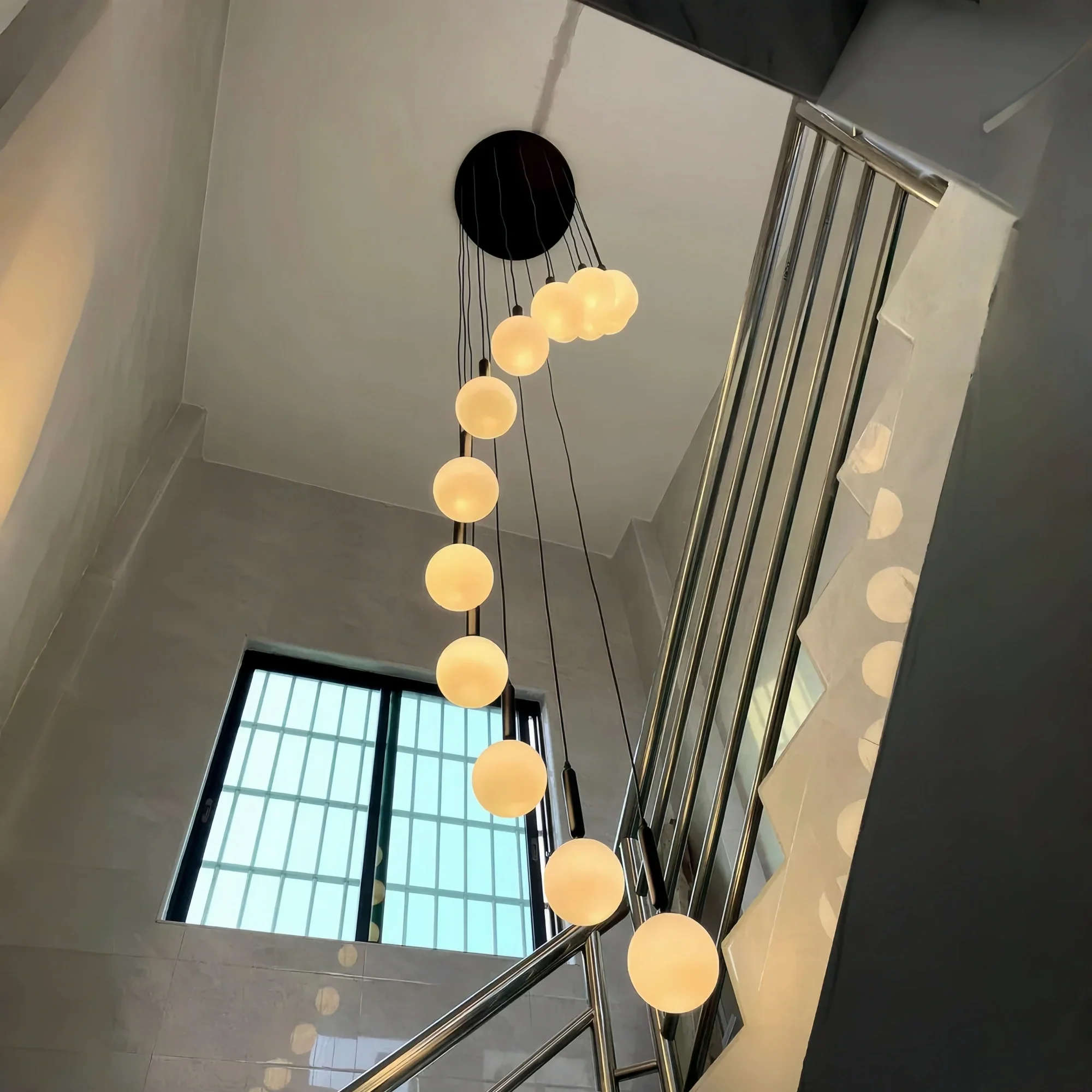 Nordic Extra Large Minimalist Long Pendant Light for High Ceiling Staircase-12 Lights/ D25.6"*H98.4"-Black-Warm Light