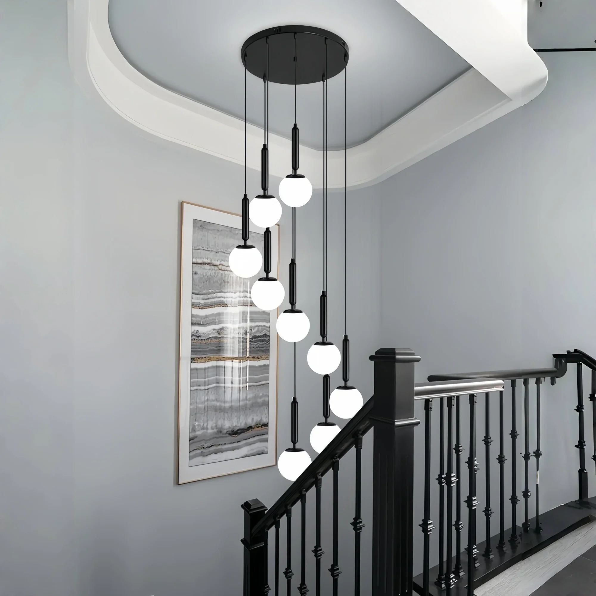 Nordic Extra Large Minimalist Long Pendant Light for High Ceiling Staircase-9 Lights/ D19.7"*H70.8"-Black-Warm Light