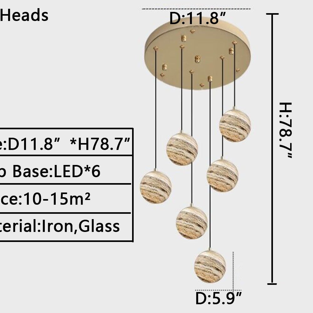 Nordic Planet Creative Long Ball Pendant Chandelier Staircase Foyer - 6 Lights: D11.8"*H78.7"Blushlighting