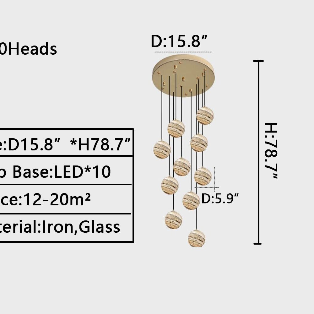 Nordic Planet Creative Long Ball Pendant Chandelier Staircase Foyer - 10 Lights: D15.8"*H78.7"Blushlighting