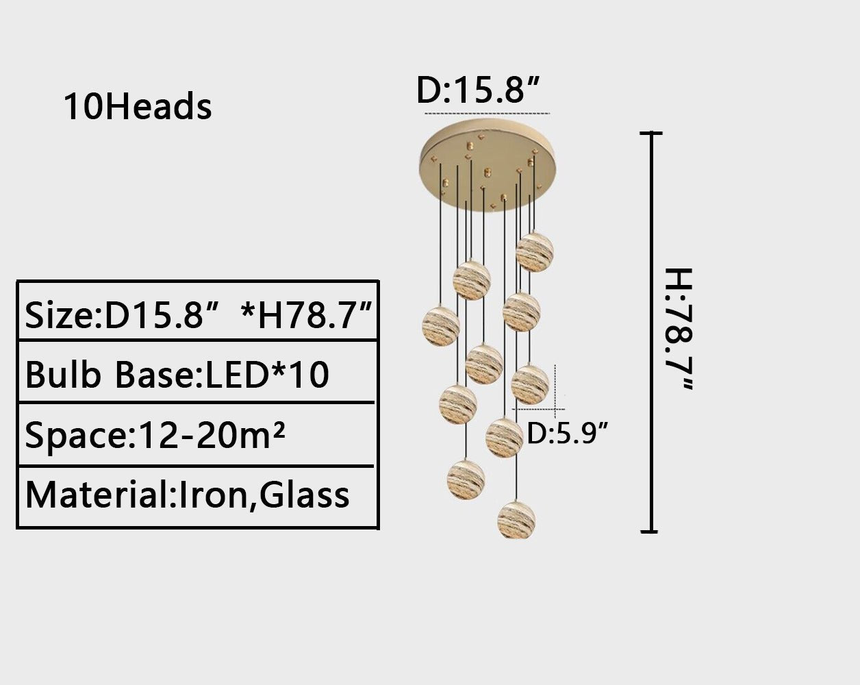 Nordic Planet Creative Long Ball Pendant Chandelier Staircase Foyer - 10 Lights: D15.8"*H78.7"Blushlighting