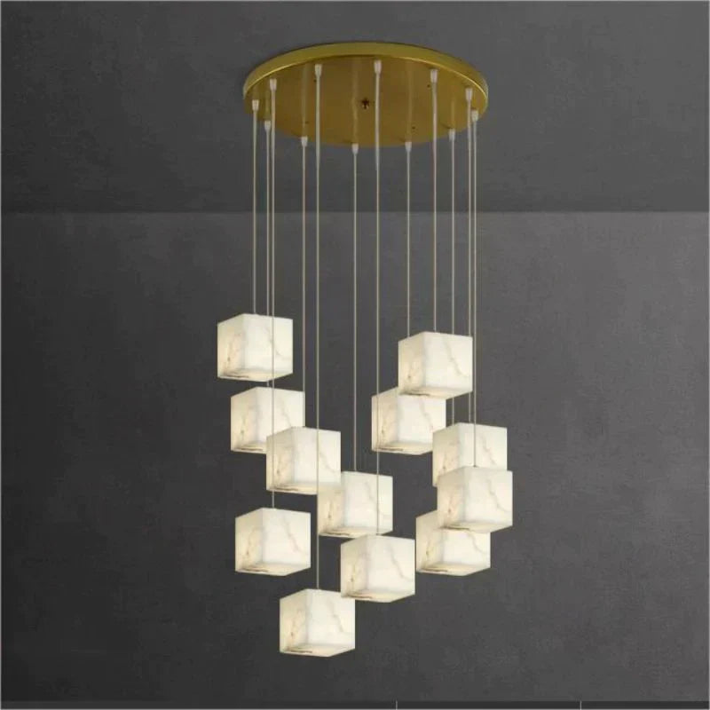 Olive Alabaster Cubic Round Pendant For Dining Table, Staircase Chandeliers Kevin Studio Inc 12-Light