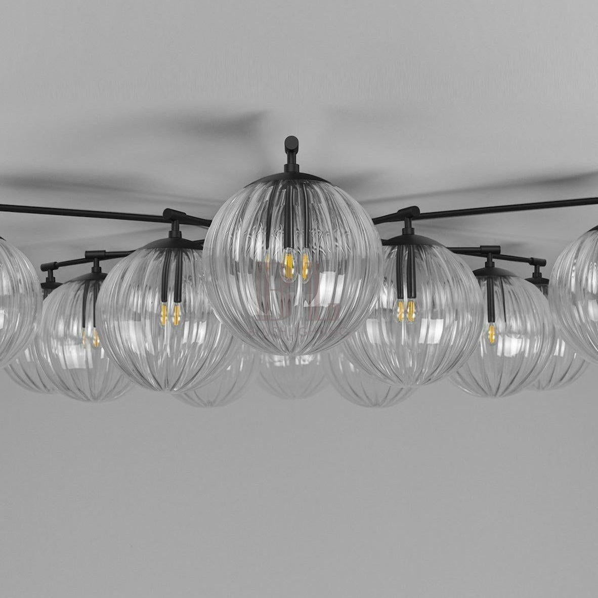 Orion Oval Flush Mount Base Chandelier Ø47.8″ - Black gunmetalBorosilicate Transparent Ribbon GlassBlushlighting