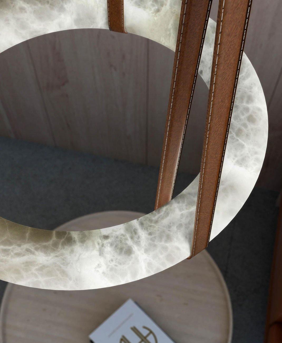 Oslo Pendant Alabaster Chandelier, Halo Ring Chandelier With Leather - 19.7" D Single RingBlushlighting