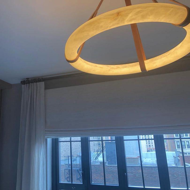 Oslo Pendant Alabaster Chandelier, Halo Ring Chandelier With Leather Chandelier Kevin Studio Inc