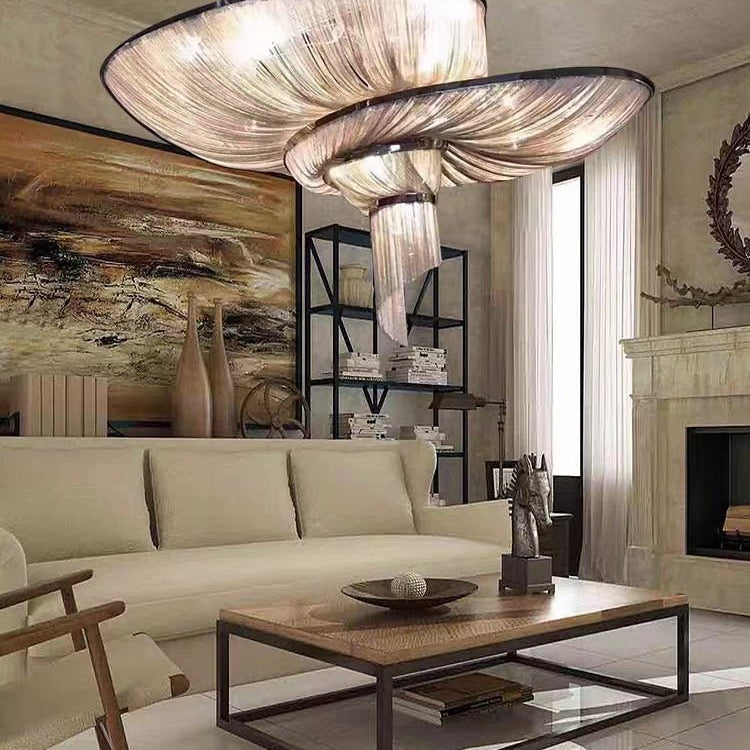 Oversized Art Fashion Spiral Tassel Aluminum Chain Chandelier for Living Room/Foyer - Black NickelD23.6"*H17.7"Warm LightBlushlighting