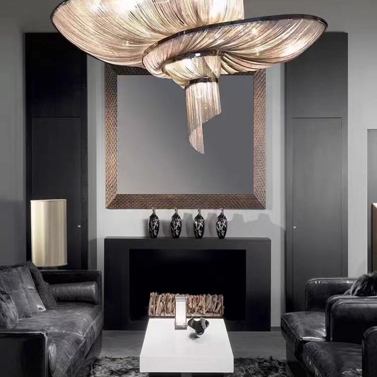 Oversized Art Fashion Spiral Tassel Aluminum Chain Chandelier for Living Room/Foyer - Black NickelD23.6"*H17.7"Warm LightBlushlighting