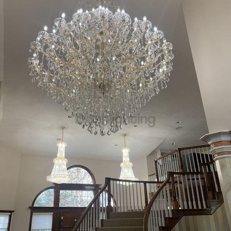 Oversized European Chrome Classic Candle Branch Crystal Chandelier for 2 - Story/Duplex Buildings - D39.4"*H47.3"Warm LightBlushlighting