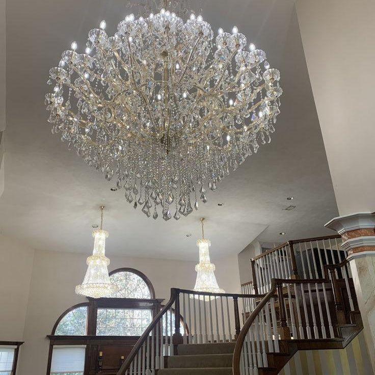 Oversized European Chrome Classic Candle Branch Crystal Chandelier for 2 - Story/Duplex Buildings - D39.4"*H47.3"Warm LightBlushlighting