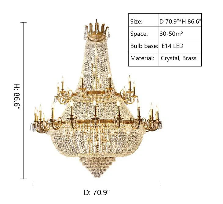 Oversized Luxury Double-layers Golden French Style Crystal Chandelier for Living/Dinning Room/Foyer/Hallway/Staircase-D: 70.9"*H: 86.6"-Warm Light-