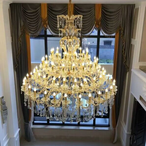 Oversized Luxury Traditional Gold/Chrome Candle Branch Crystal Chandelier for 2 - story/Duplex Buildings - D59.1"*H92.3"ChromeWarm LightBlushlighting