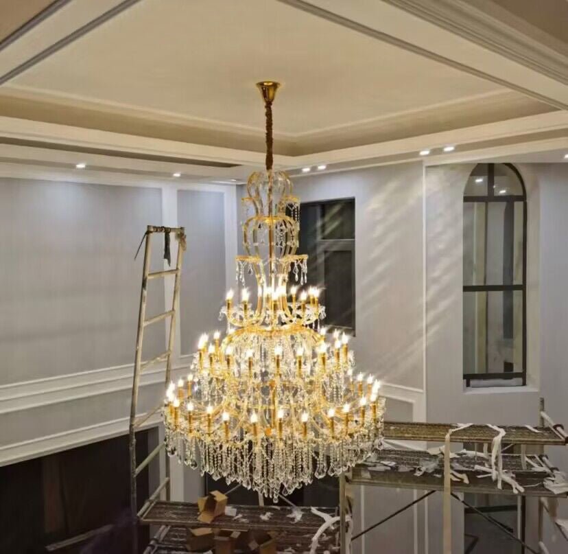 Oversized Luxury Traditional Gold/Chrome Candle Branch Crystal Chandelier for 2 - story/Duplex Buildings - D59.1"*H92.3"ChromeWarm LightBlushlighting
