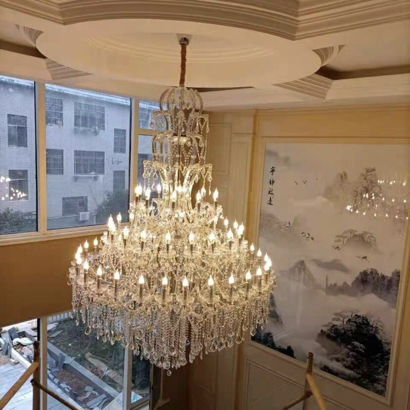 Oversized Luxury Traditional Gold/Chrome Candle Branch Crystal Chandelier for 2 - story/Duplex Buildings - D59.1"*H92.3"GoldWarm LightBlushlighting