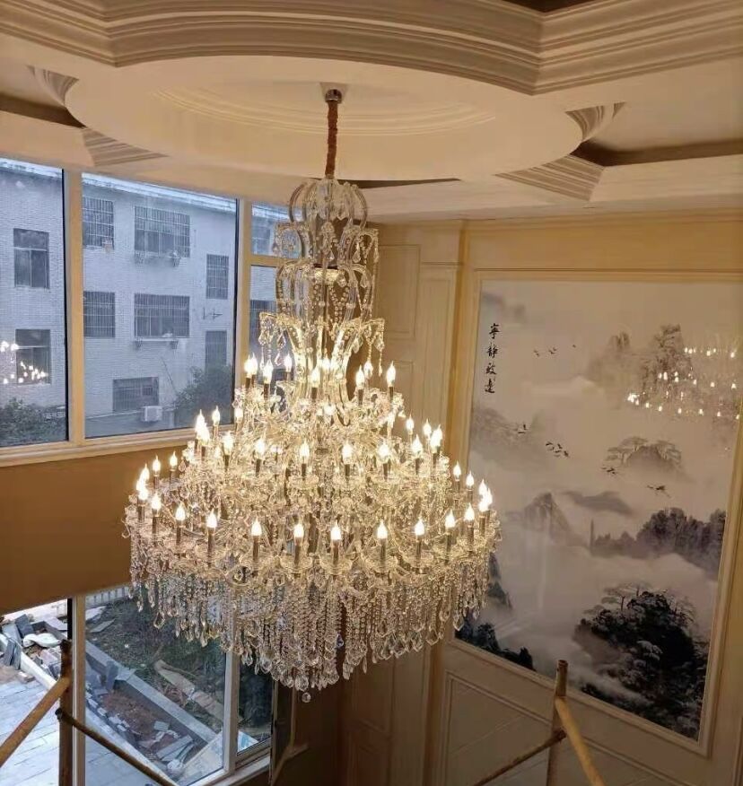 Oversized Luxury Traditional Gold/Chrome Candle Branch Crystal Chandelier for 2 - story/Duplex Buildings - D59.1"*H92.3"GoldWarm LightBlushlighting