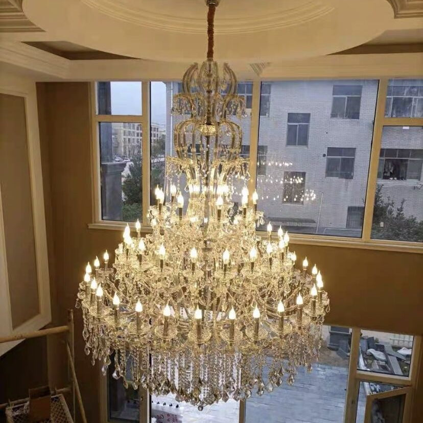 Oversized Luxury Traditional Gold/Chrome Candle Branch Crystal Chandelier for 2 - story/Duplex Buildings - D59.1"*H92.3"ChromeWarm LightBlushlighting