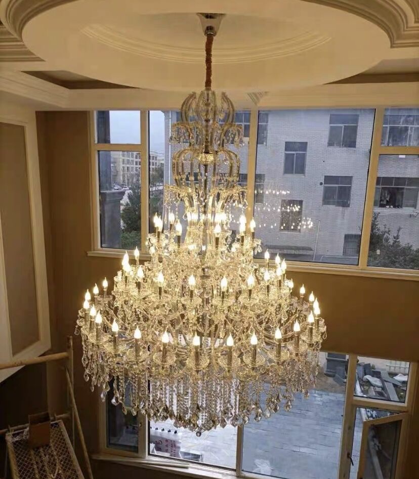 Oversized Luxury Traditional Gold/Chrome Candle Branch Crystal Chandelier for 2 - story/Duplex Buildings - D59.1"*H92.3"ChromeWarm LightBlushlighting