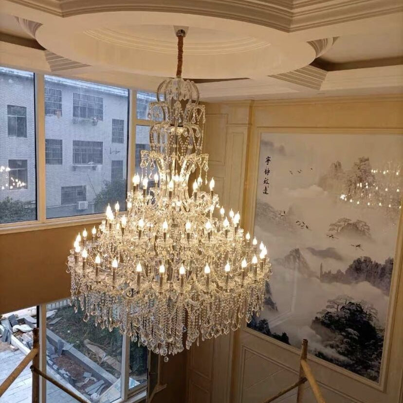 Oversized Luxury Traditional Gold/Chrome Candle Branch Crystal Chandelier for 2 - story/Duplex Buildings - D59.1"*H92.3"ChromeWarm LightBlushlighting