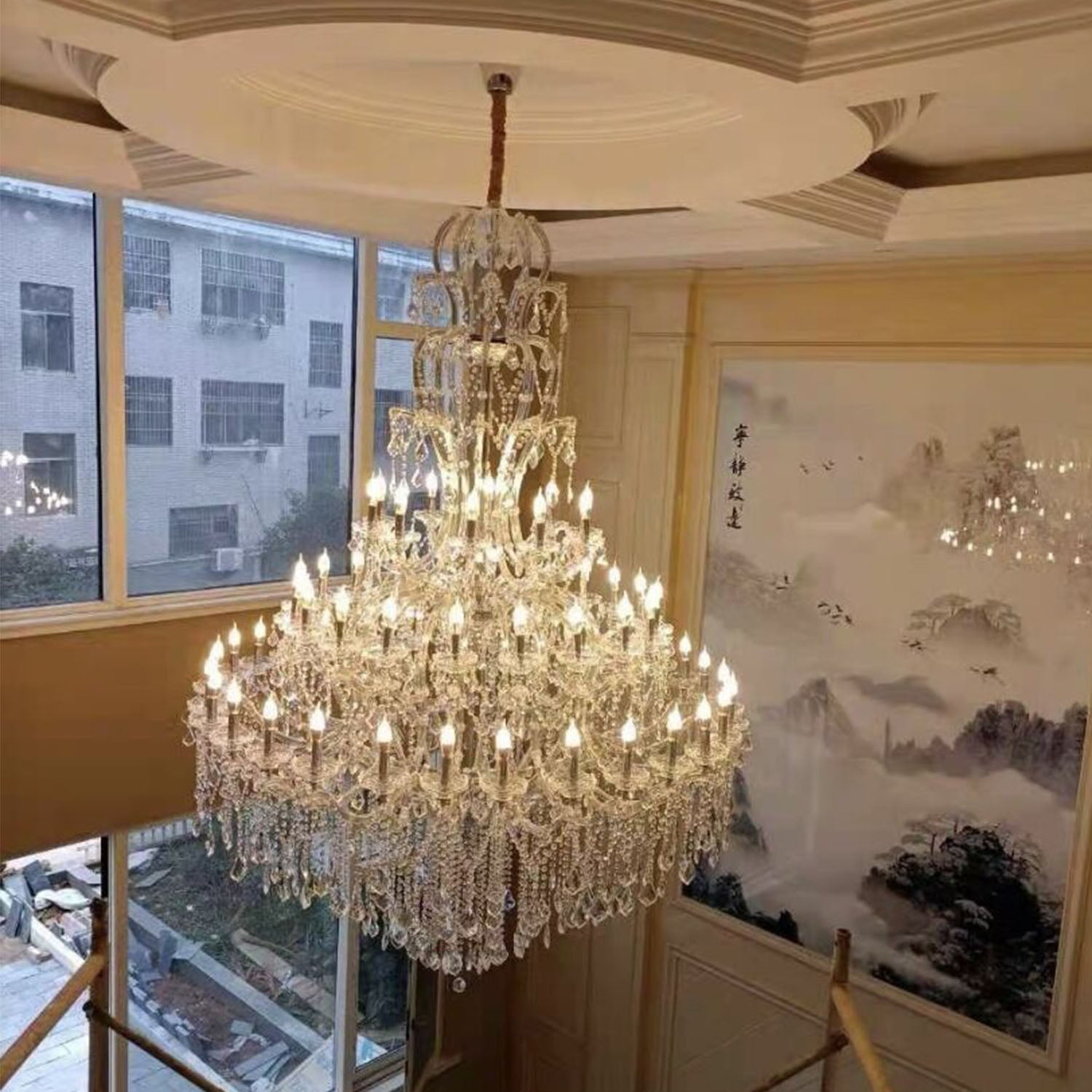 Oversized Luxury Traditional Gold/Chrome Candle Branch Crystal Chandelier for 2 - story/Duplex Buildings - D59.1"*H92.3"GoldWarm LightBlushlighting