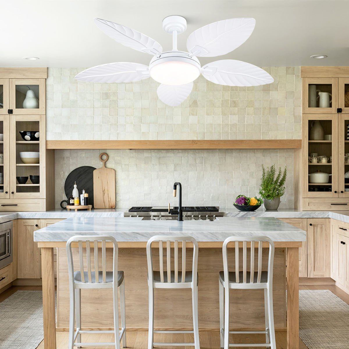 Palm Leaf Ceiling Fans with Lights Tropical Ceiling Fans 6 Speeds Reversible Wood Grain 52" - Blushlighting