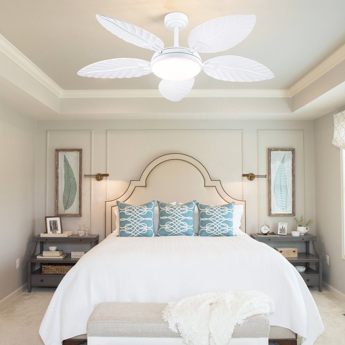 Palm Leaf Ceiling Fans with Lights Tropical Ceiling Fans 6 Speeds Reversible Wood Grain 52" - Blushlighting