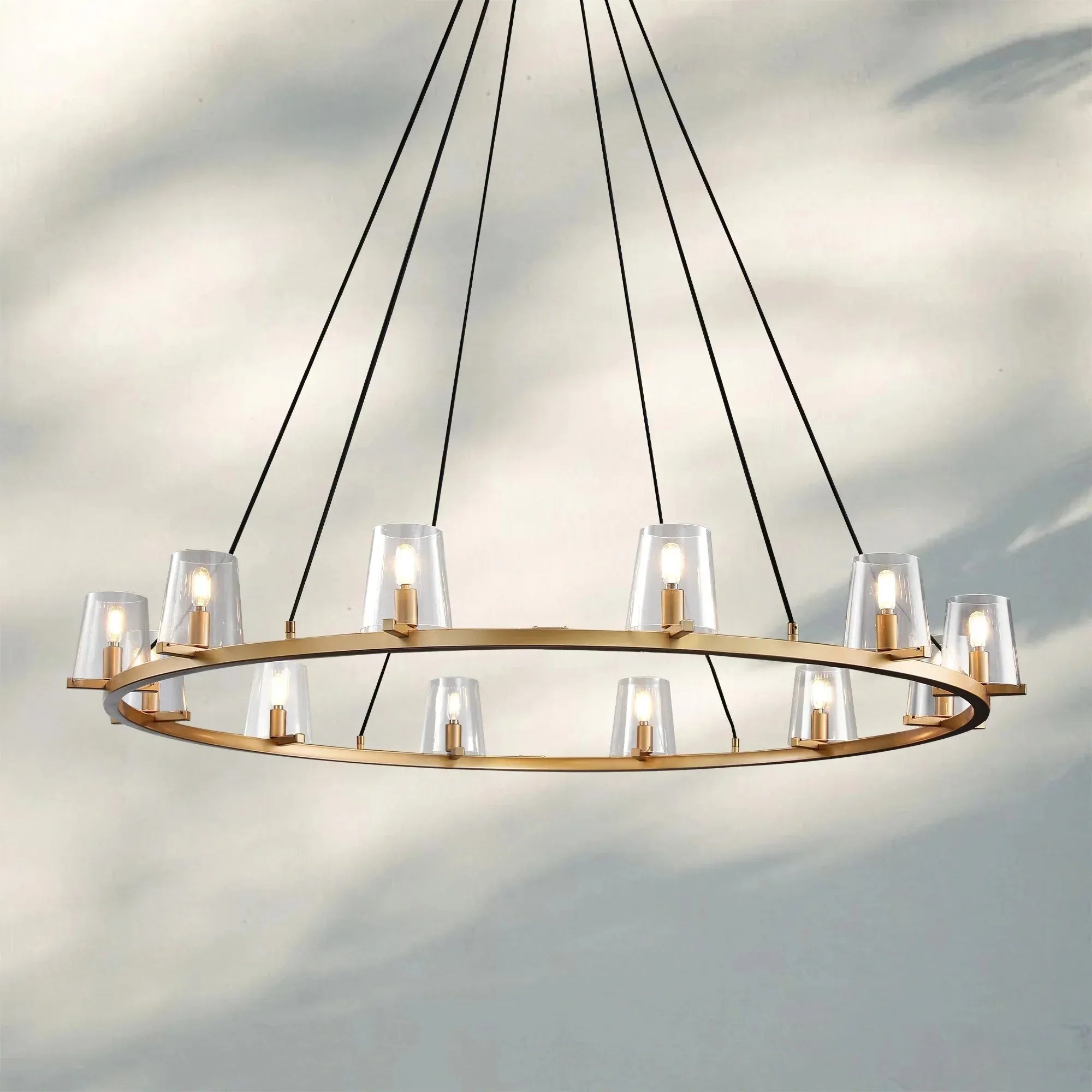 Pauilla Modern Clear Glass Round Chandelier 36'' 48‘’ 60‘’-Round 48" 12-Light-Lacquered Burnished Brass-