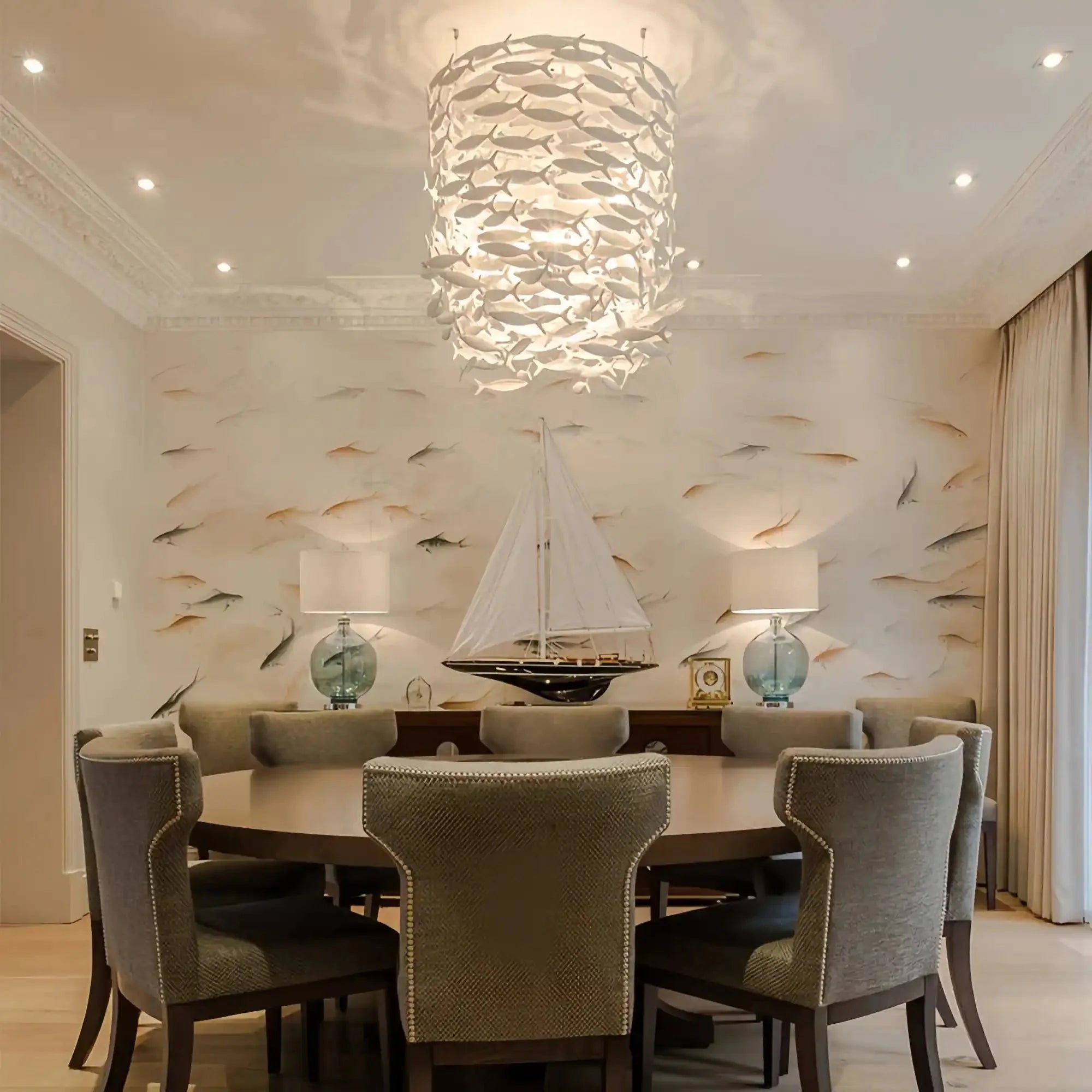 Porcelain Fish Shaped Dining Table Chandelier - Round: 75cm (30")Dx 85cm (33") HBlushlighting
