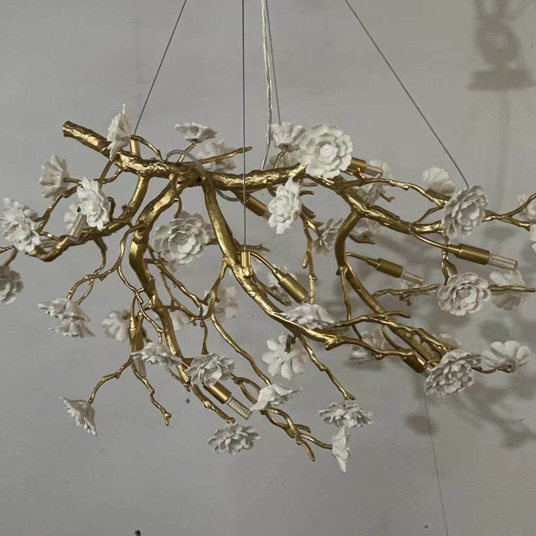 Post-Modern Art Brass and Ceramics Flower Pendant Branch Chandelier for Living/Dining Room-Chandeliers-Blushlighting