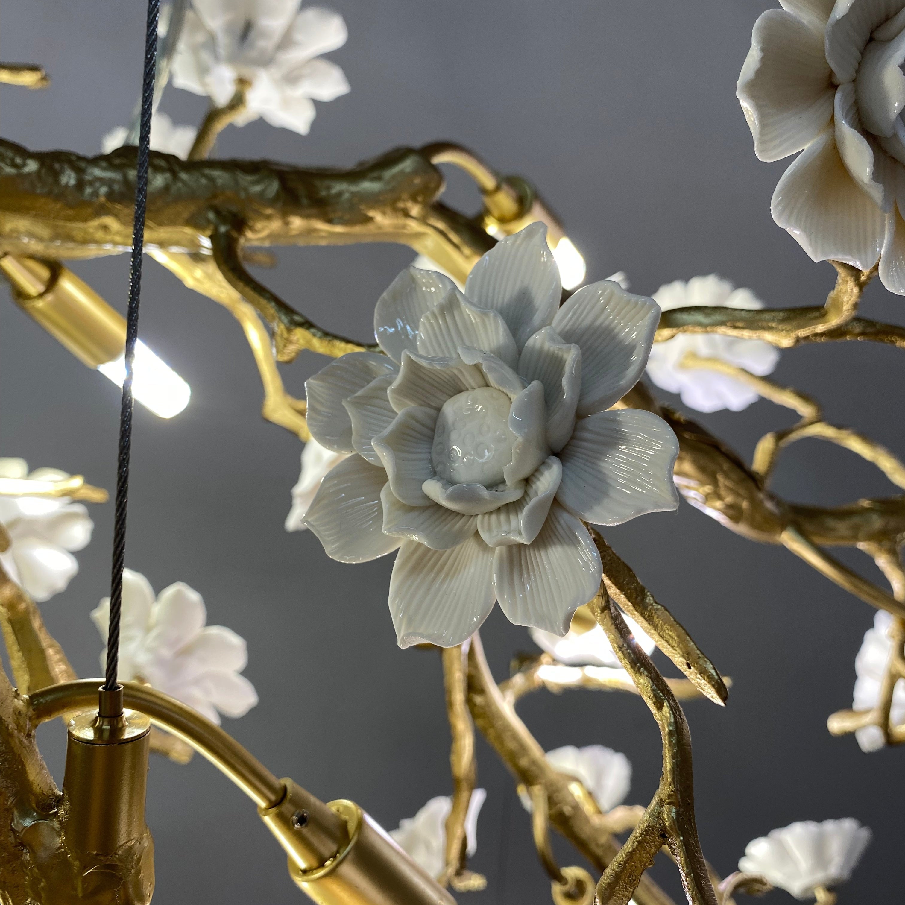 Post-Modern Art Brass and Ceramics Flower Pendant Branch Chandelier for Living/Dining Room-Chandeliers-Blushlighting