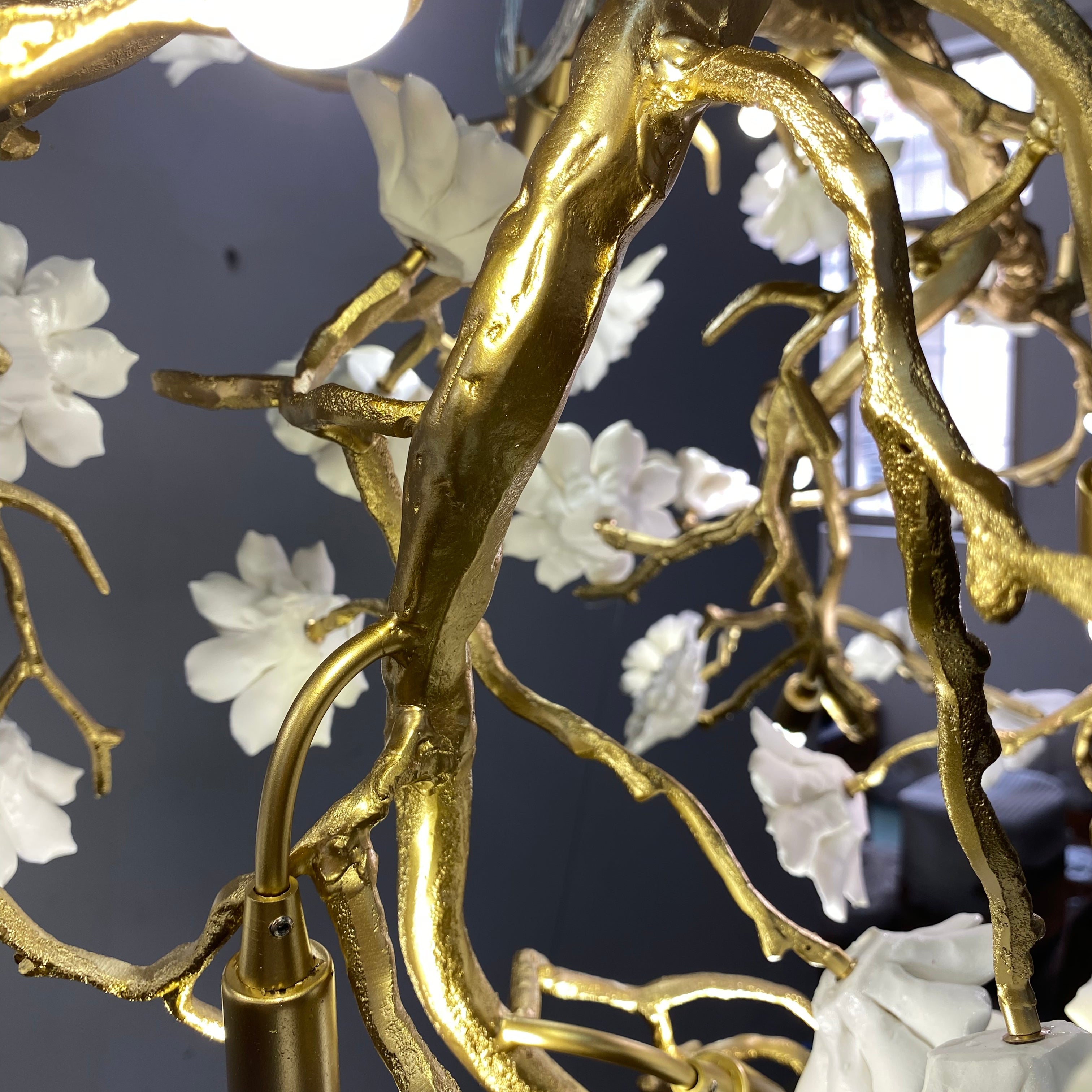 Post-Modern Art Brass and Ceramics Flower Pendant Branch Chandelier for Living/Dining Room-Chandeliers-Blushlighting
