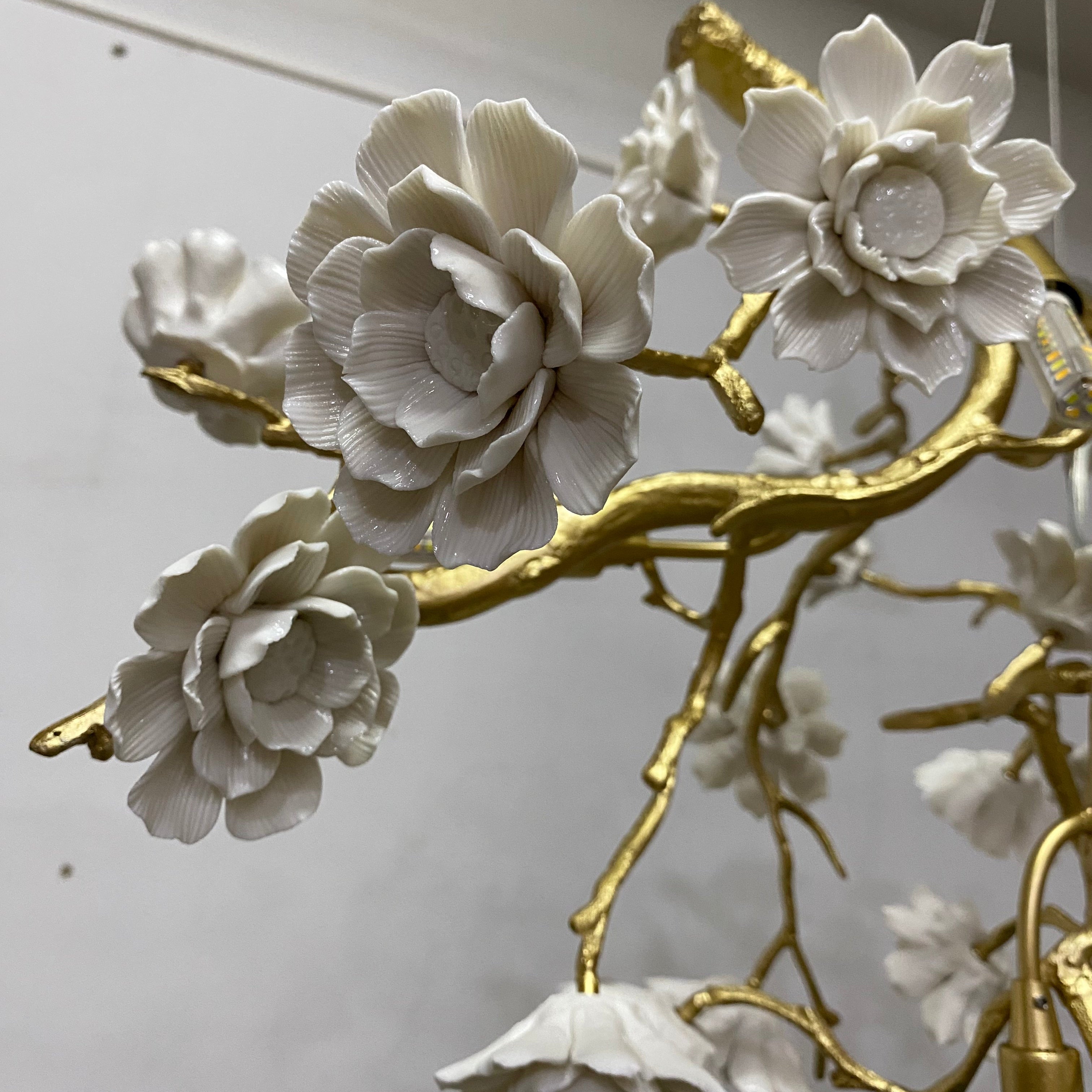 Post-Modern Art Brass and Ceramics Flower Pendant Branch Chandelier for Living/Dining Room-Chandeliers-Blushlighting