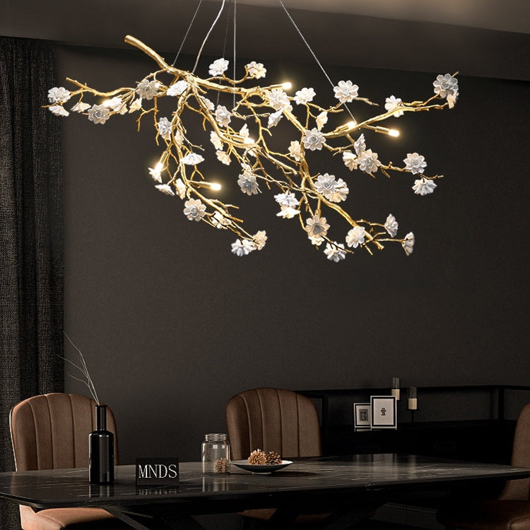 Post-Modern Art Brass and Ceramics Flower Pendant Branch Chandelier for Living/Dining Room-Chandeliers-Blushlighting