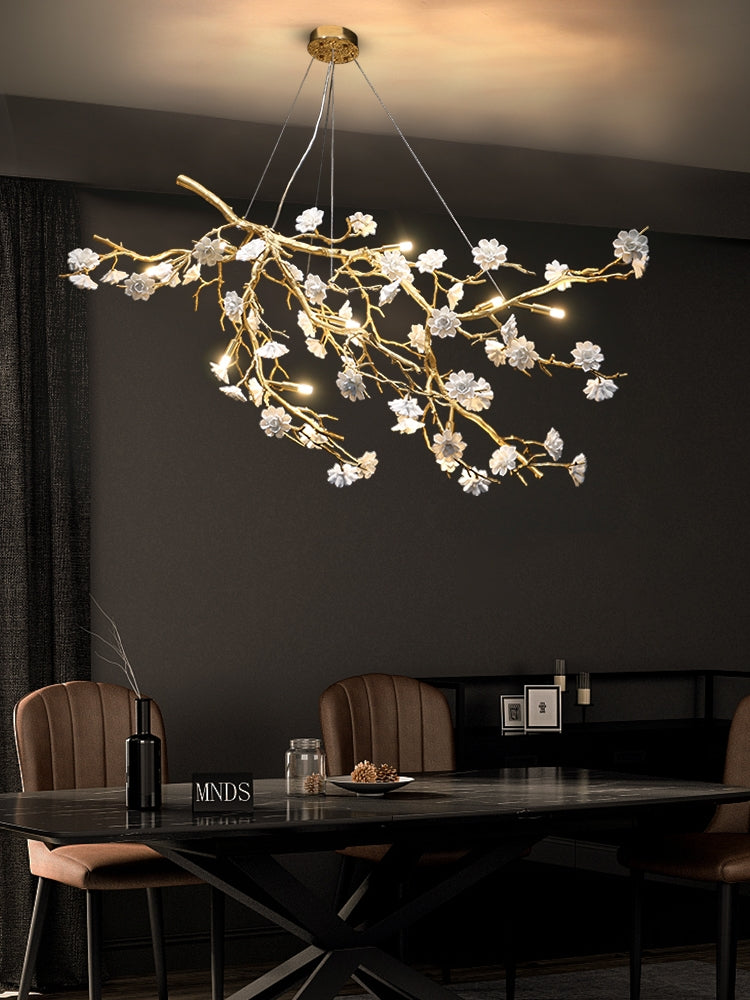 Post-Modern Art Brass and Ceramics Flower Pendant Branch Chandelier for Living/Dining Room-Chandeliers-Blushlighting