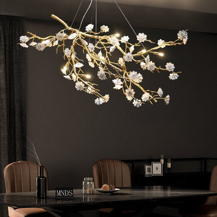 Post - Modern Art Brass and Ceramics Flower Pendant Branch Chandelier for Living/Dining Room - L49.2"*W19.7"*H21.7"Warm LightBlushlighting