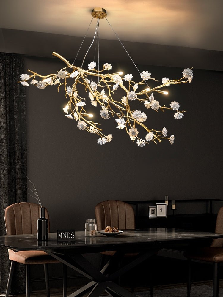 Post - Modern Art Brass and Ceramics Flower Pendant Branch Chandelier for Living/Dining Room - L49.2"*W19.7"*H21.7"Warm LightBlushlighting