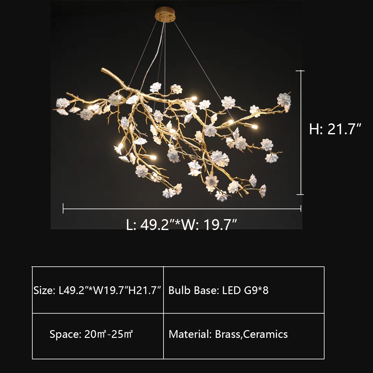 Post - Modern Art Brass and Ceramics Flower Pendant Branch Chandelier for Living/Dining Room - L49.2"*W19.7"*H21.7"Warm LightBlushlighting