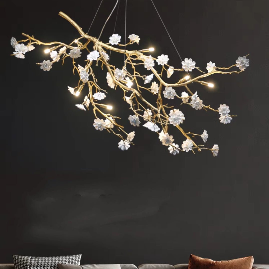 Post - Modern Art Brass and Ceramics Flower Pendant Branch Chandelier for Living/Dining Room - L41.3"*W19.7"*H19.7"Warm LightBlushlighting