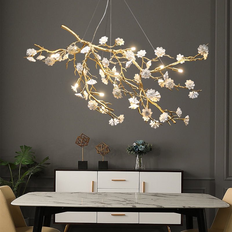 Post - Modern Art Brass and Ceramics Flower Pendant Branch Chandelier for Living/Dining Room - L59.1"*W19.7"*H26.0"/62.2kgWarm LightBlushlighting