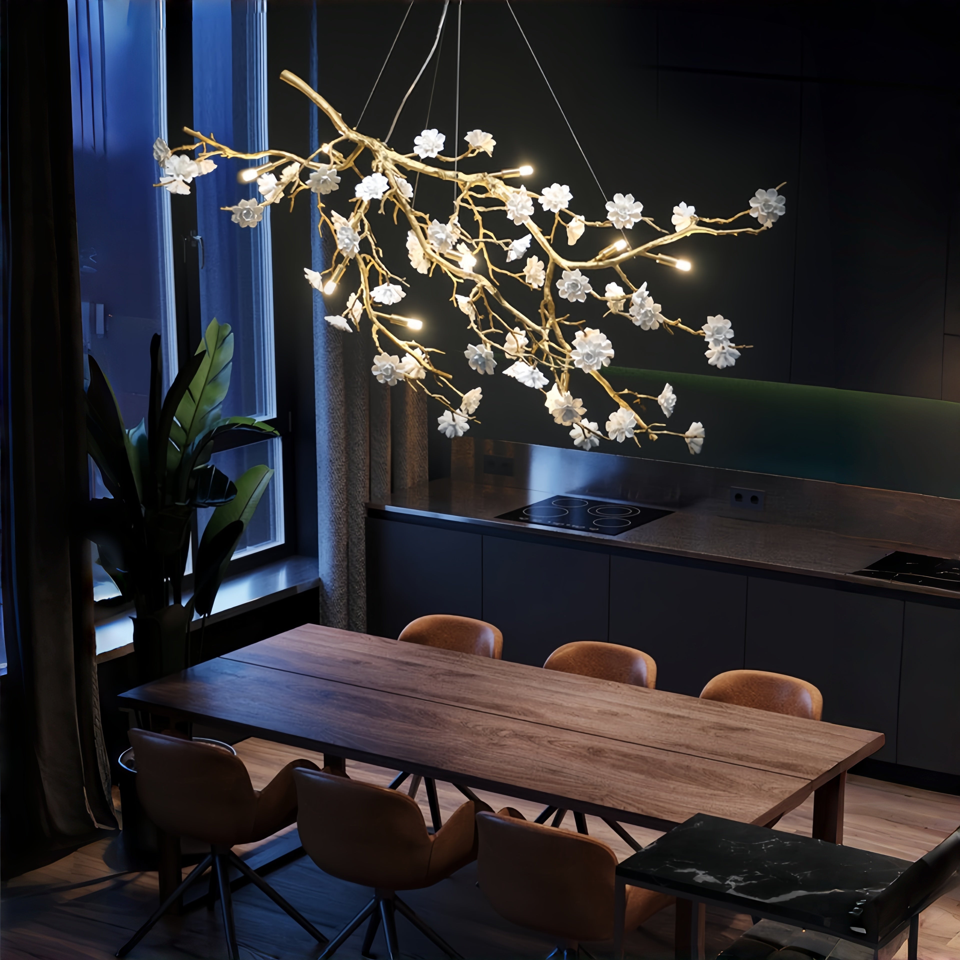 Post - Modern Art Brass and Ceramics Flower Pendant Branch Chandelier for Living/Dining Room - L49.2"*W19.7"*H21.7"Warm LightBlushlighting