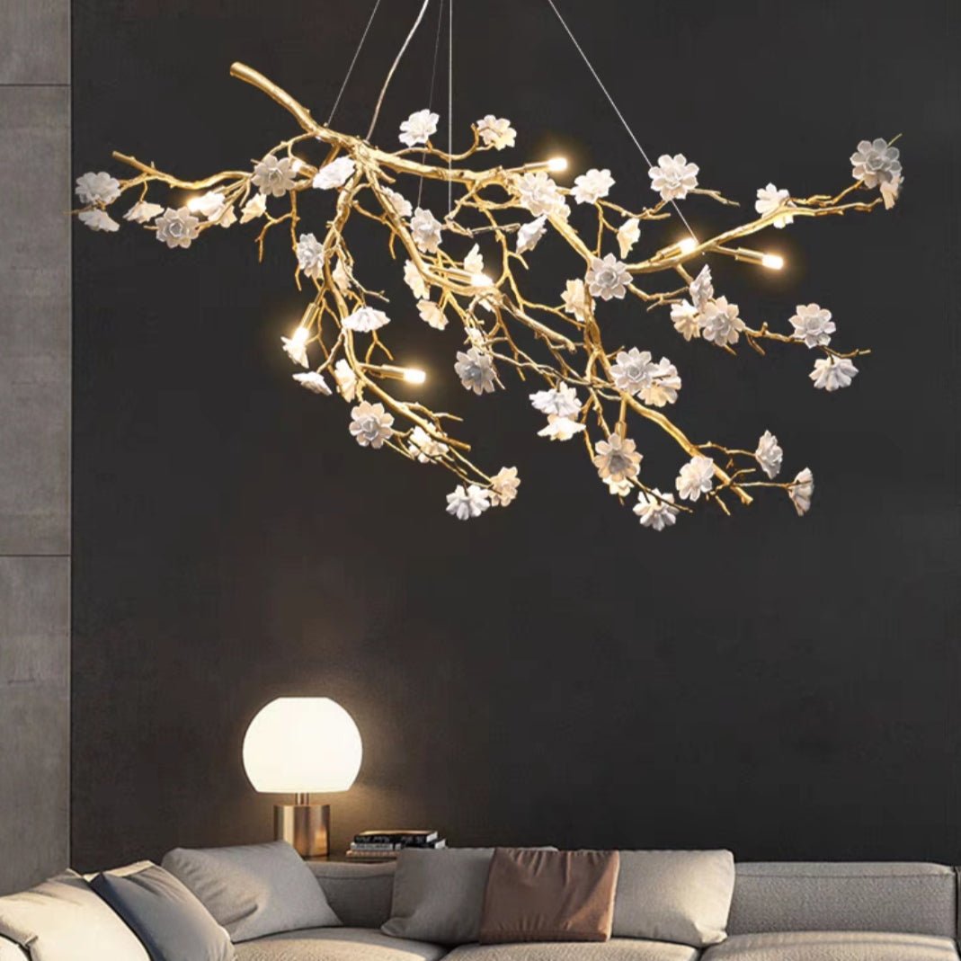 Post - Modern Art Brass and Ceramics Flower Pendant Branch Chandelier for Living/Dining Room - L33.5"*W19.7"*H19.7"Warm LightBlushlighting