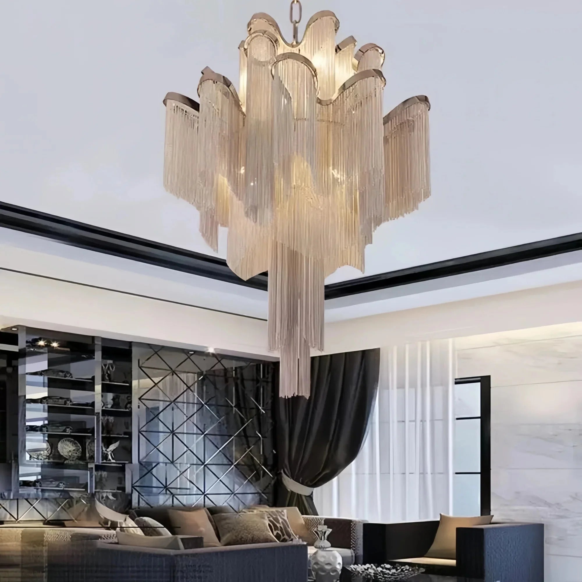 Post - Modern Extra Large Stainless Steel Long Tassel Chandelier - D39.4"*H39.4"SilverDimmable Warm LightBlushlighting