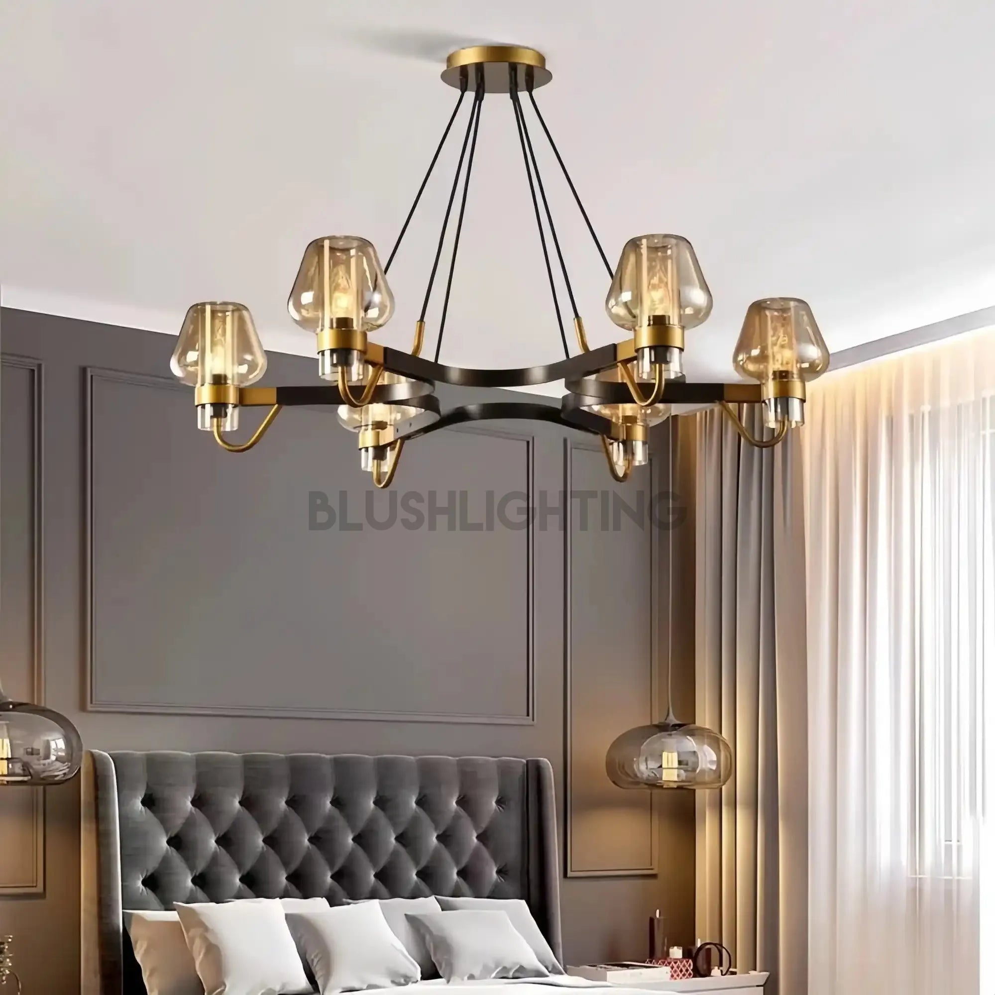 Post - modern Light Luxury Full Brass Chandelier for Living Room/Bedroom - 6 Lights: D35.8"*H8.7"/15kgSmoky GreyWarm LightBlushlighting