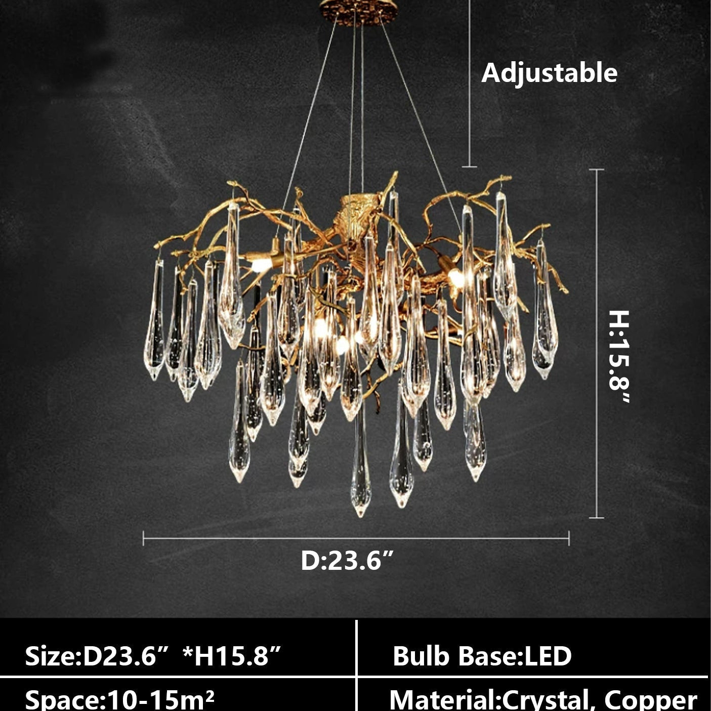 Branch Crystal Drops Chandelier in French Style with Copper Gold Finish for Dining and Living Room Ceiling-Chandeliers-Blushlighting