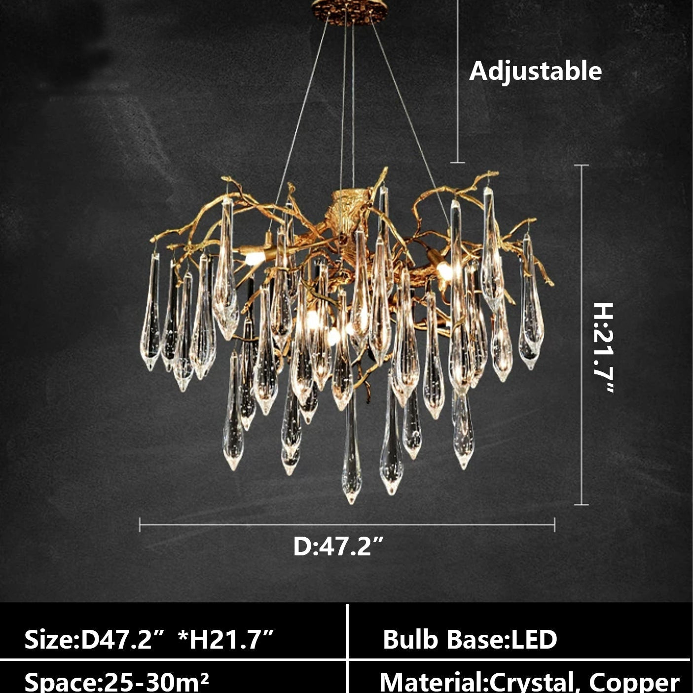 Branch Crystal Drops Chandelier in French Style with Copper Gold Finish for Dining and Living Room Ceiling-Chandeliers-Blushlighting