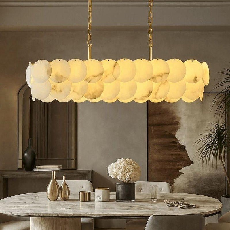 Rectangular Alabaster Chandelier Dia 100/120 with Round Shell Piece String Ceiling for Dining room - L100*W30*H40CM/L39.37*W11.81*H15.75"White + BrassBlushlighting
