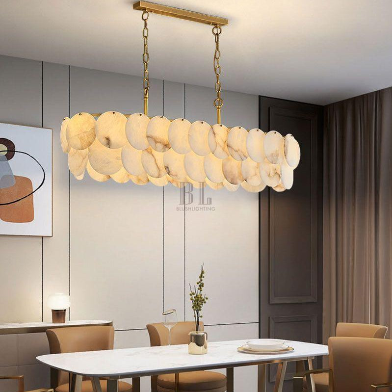 Rectangular Alabaster Chandelier Dia 100/120 with Round Shell Piece String Ceiling for Dining room - L100*W30*H40CM/L39.37*W11.81*H15.75"White + BrassBlushlighting