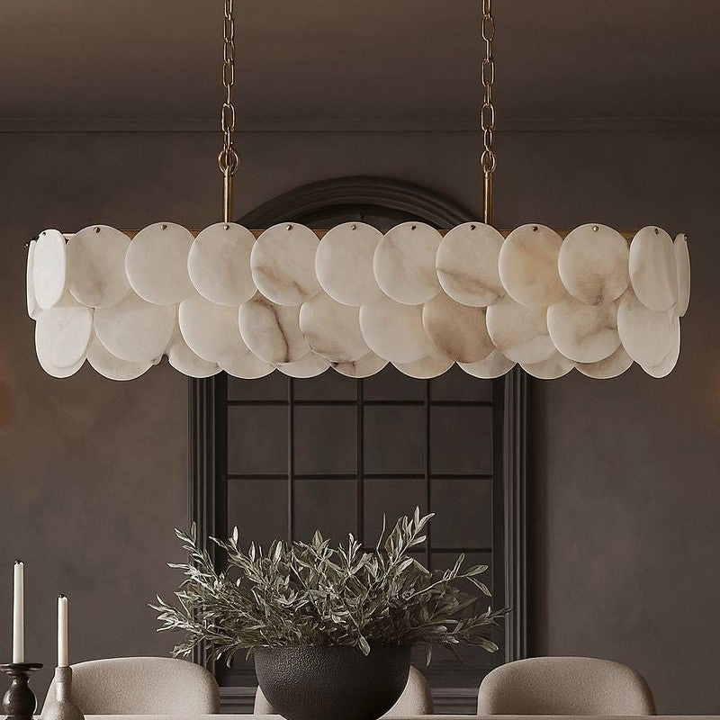 Rectangular Alabaster Chandelier Dia 100/120 with Round Shell Piece String Ceiling for Dining room - L100*W30*H40CM/L39.37*W11.81*H15.75"White + BrassBlushlighting