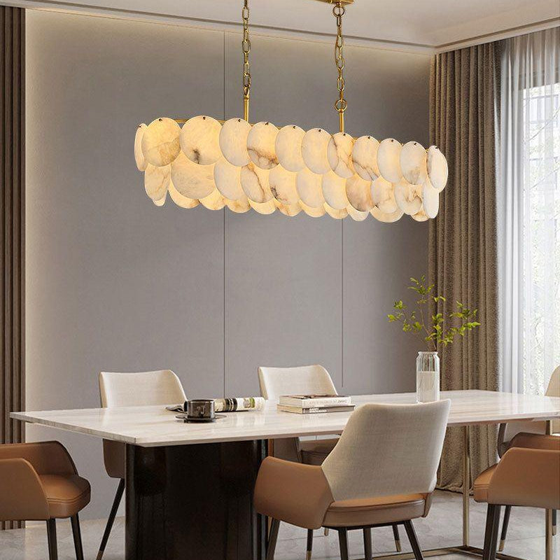 Rectangular Alabaster Chandelier Dia 100/120 with Round Shell Piece String Ceiling for Dining room - L100*W30*H40CM/L39.37*W11.81*H15.75"White + BrassBlushlighting