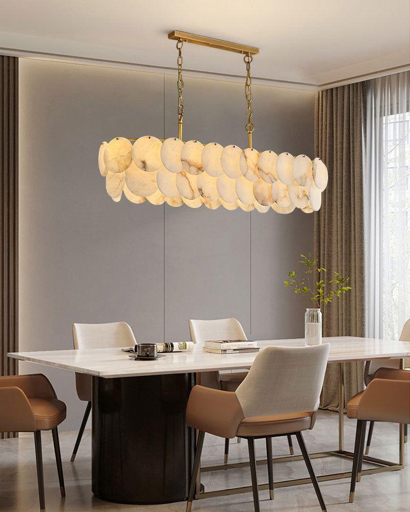 Rectangular Alabaster Chandelier Dia 100/120 with Round Shell Piece String Ceiling for Dining room - L100*W30*H40CM/L39.37*W11.81*H15.75"White + BrassBlushlighting