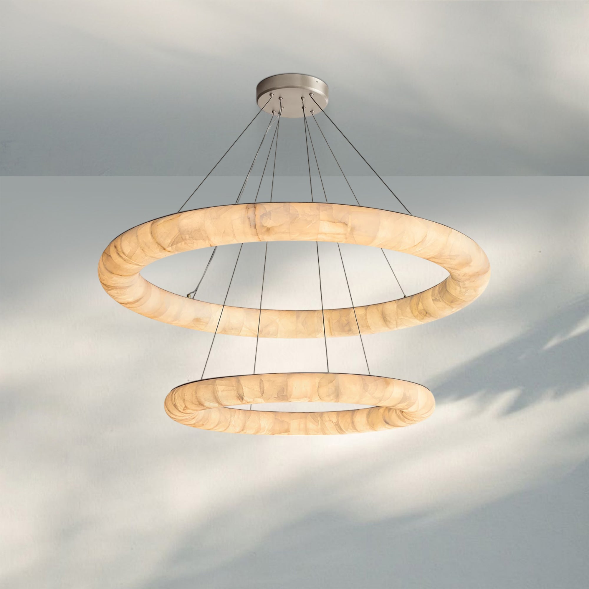 Rivaga Lisse Alabaster Two-Tiered Round Chandelier 61"-Satin Nickel-
