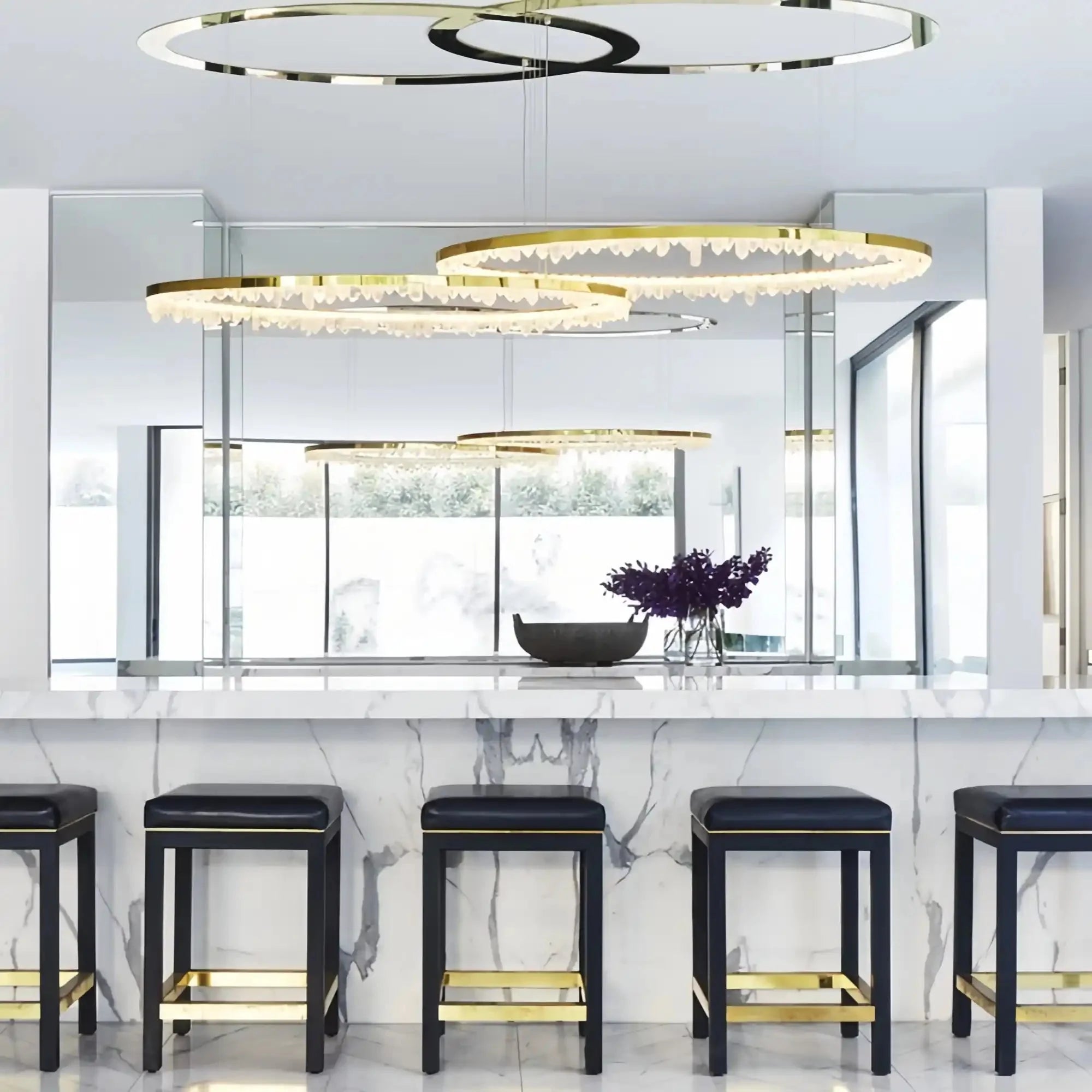 Round Modern Chandelier Brass & Clear Geode Quartz Crystal Hanging Light - Blushlighting